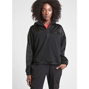 ATHLETA Zion Microfleece 1/2 Zip Sweatshirt S Black Hooded Cinch Hem EUC B66